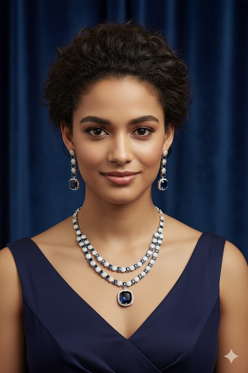 Royal Blue Sapphire & Silver Diamond Necklace & Earring Set – Majestic Glamour