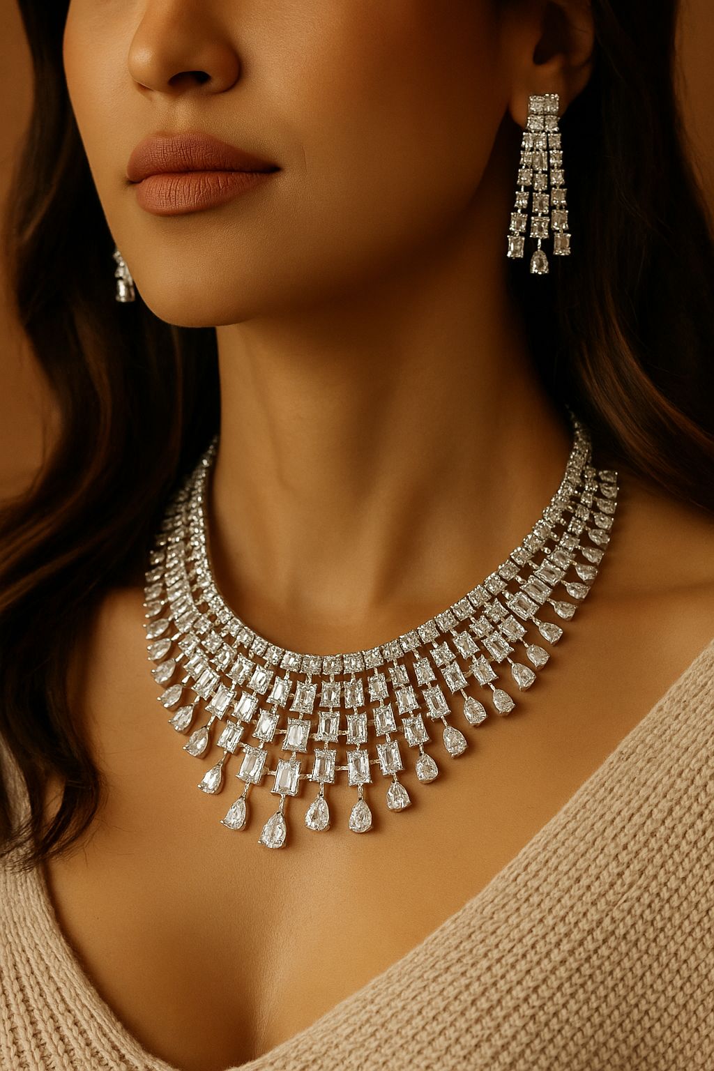 Luxury CZ Stone Bridal Necklace Set with Long Drop Earrings – Silver Finish