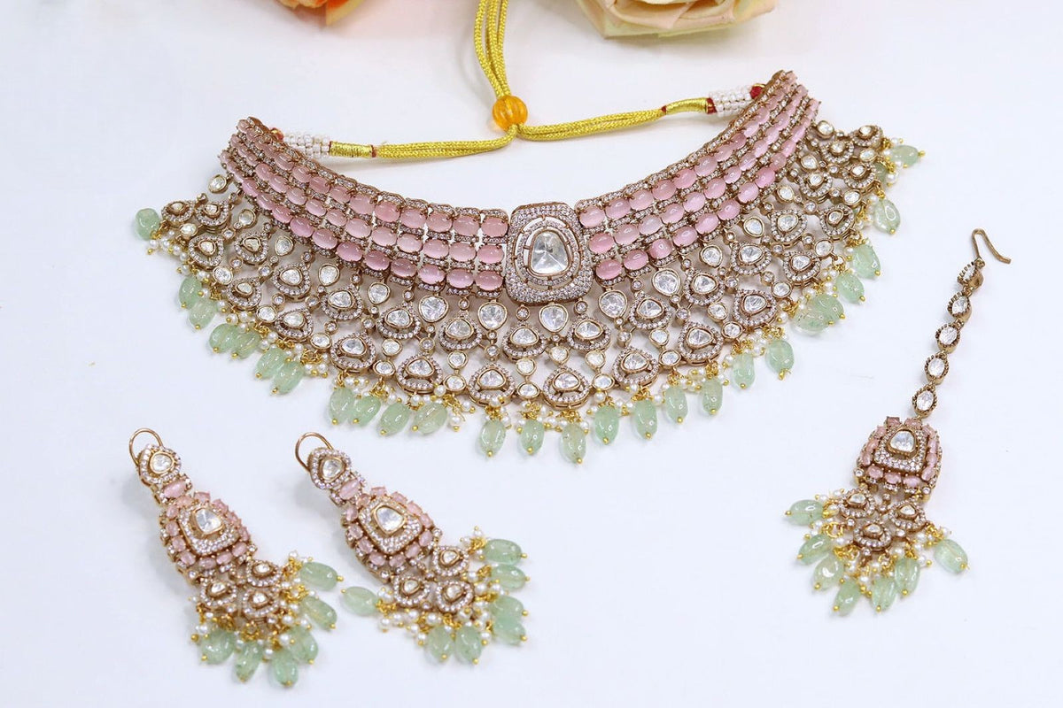Pink Green Kundan Choker Necklace Set with Earrings – Bridal Polki Jewelry for Weddings & Festive Wear - Libasaa.com