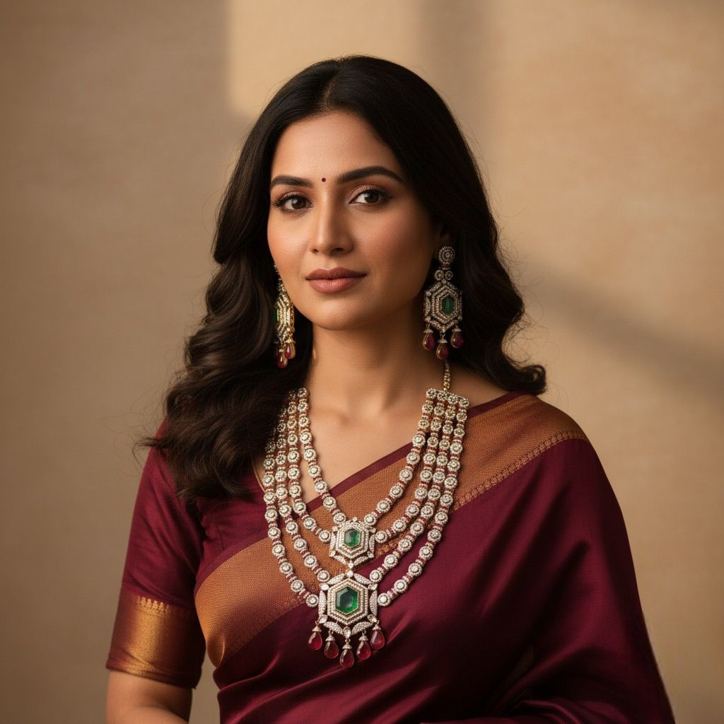 Emerald & Ruby Layered Kundan Necklace Set – Regal Bridal Statement - Libasaa.com