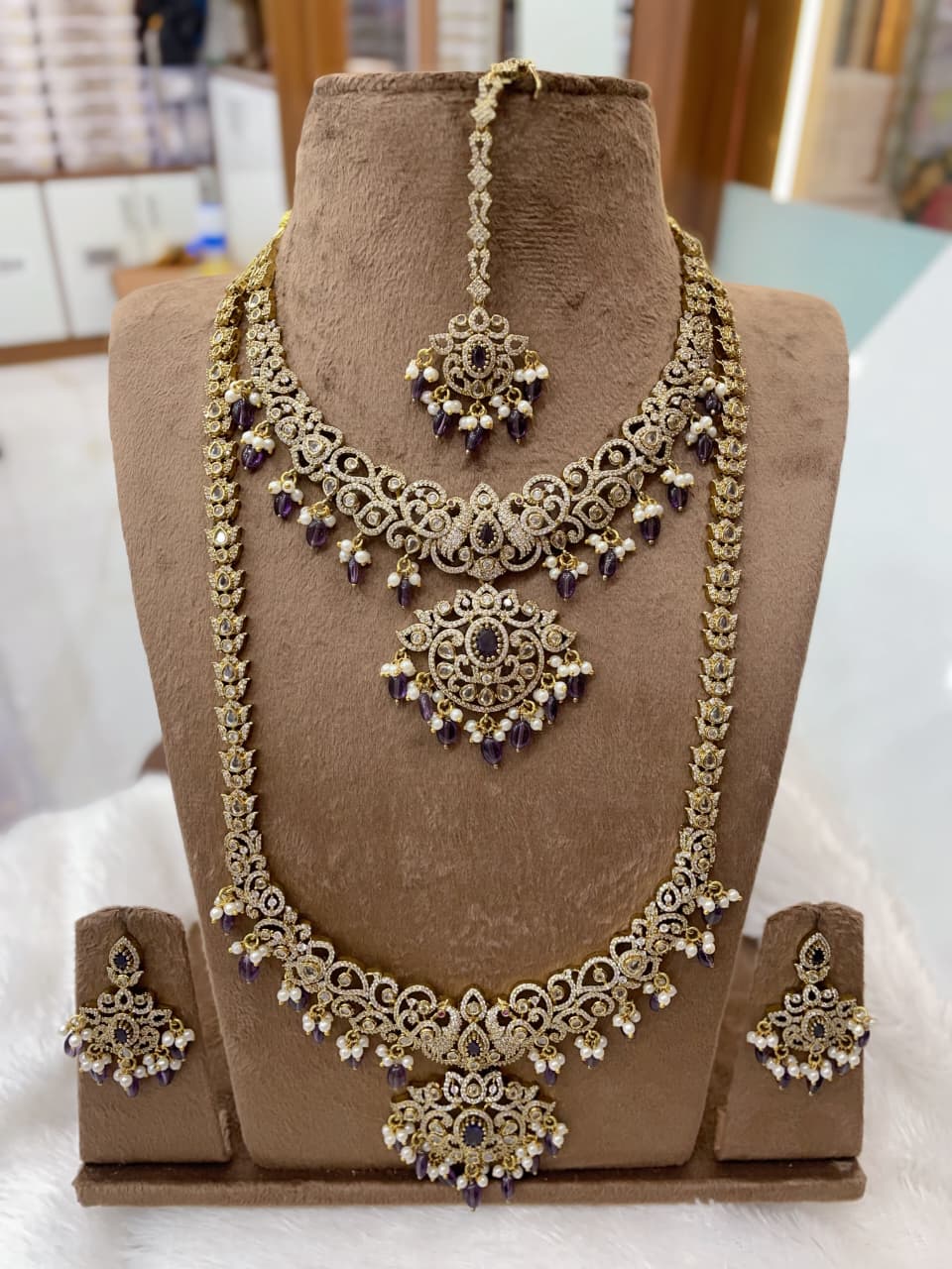Golden Purple Bridal Complete Set – Royal Kundan & Pearl Wedding Jewelry - Libasaa.com