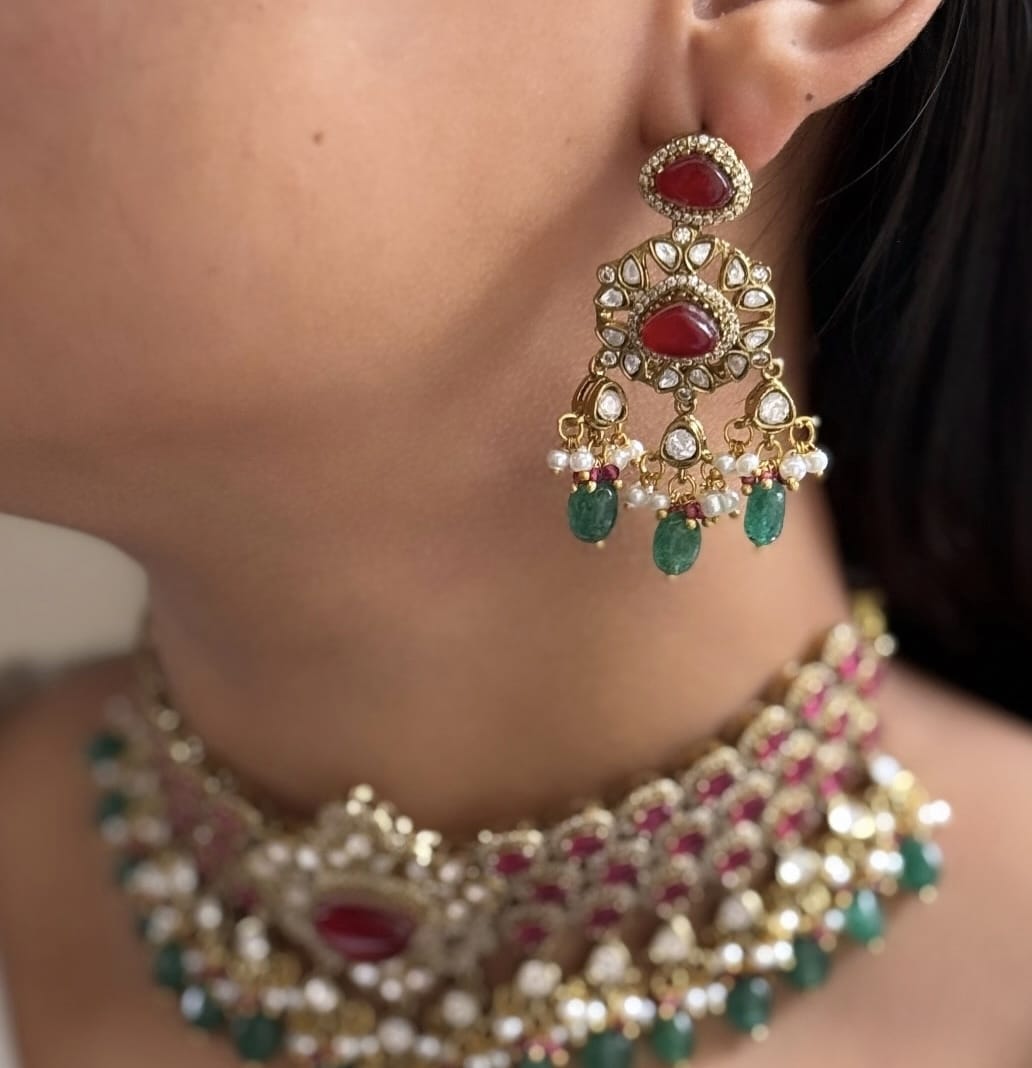 Royal Ruby & Emerald Kundan Choker Necklace Set – Bridal Polki Jewelry for Weddings - Libasaa.com