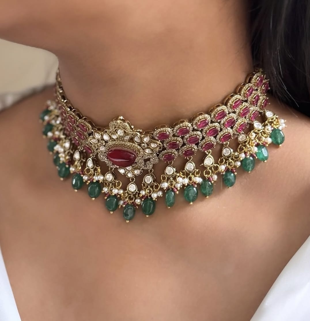 Royal Ruby & Emerald Kundan Choker Necklace Set – Bridal Polki Jewelry for Weddings - Libasaa.com