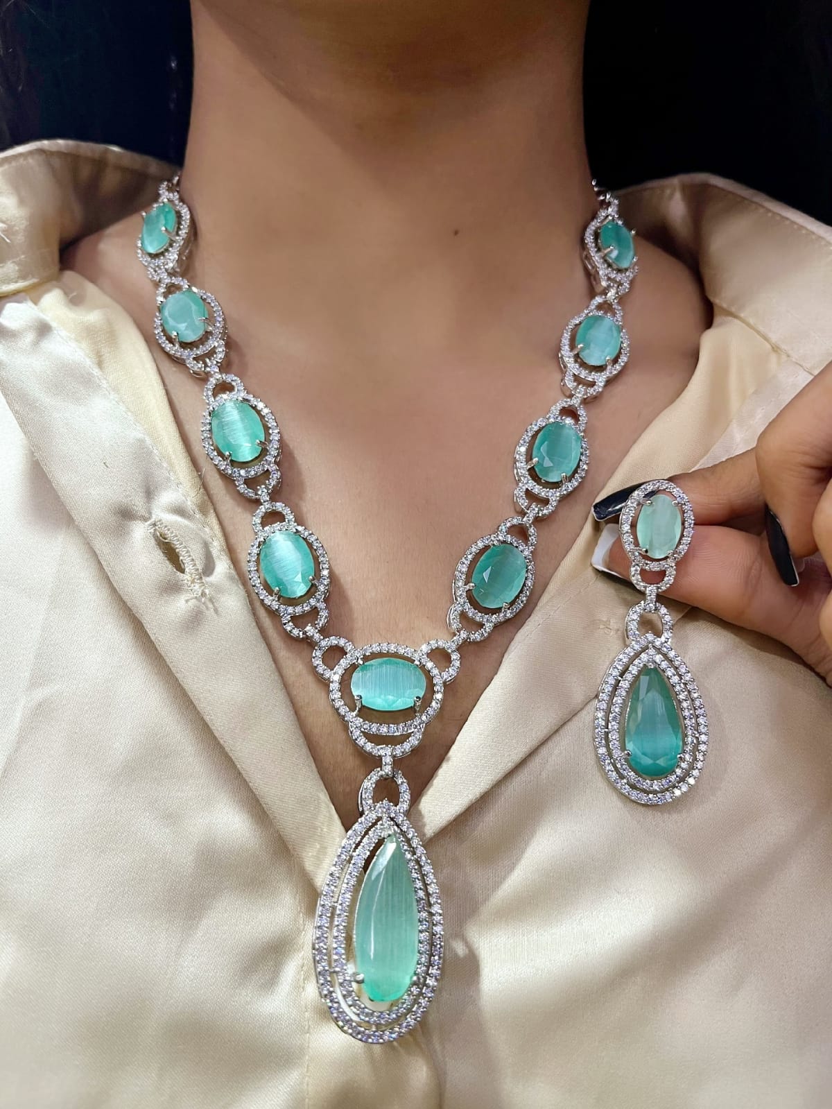 Elegant Fusion Tear Drop American Diamond Necklace Set - Libasaa - Libasaa.com