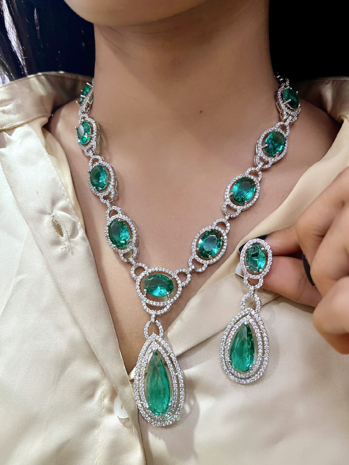 Elegant Fusion Tear Drop American Diamond Necklace Set - Libasaa - Libasaa.com