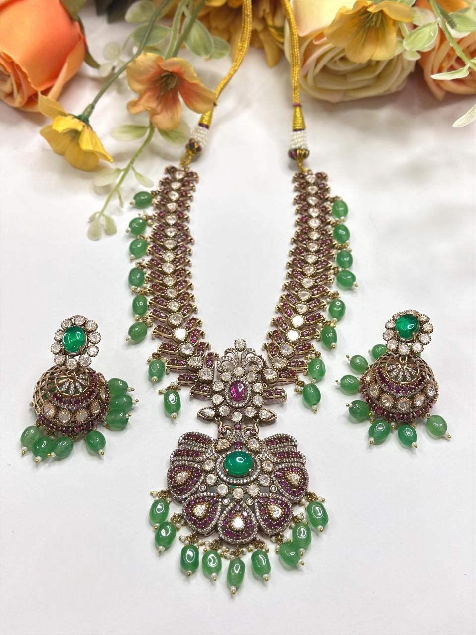 Green Bridal Kundan Pearl Beaded Necklace Set | Premium Indian Necklace Set | Traditional Kundan Pearl Indian Jewellery for Brides