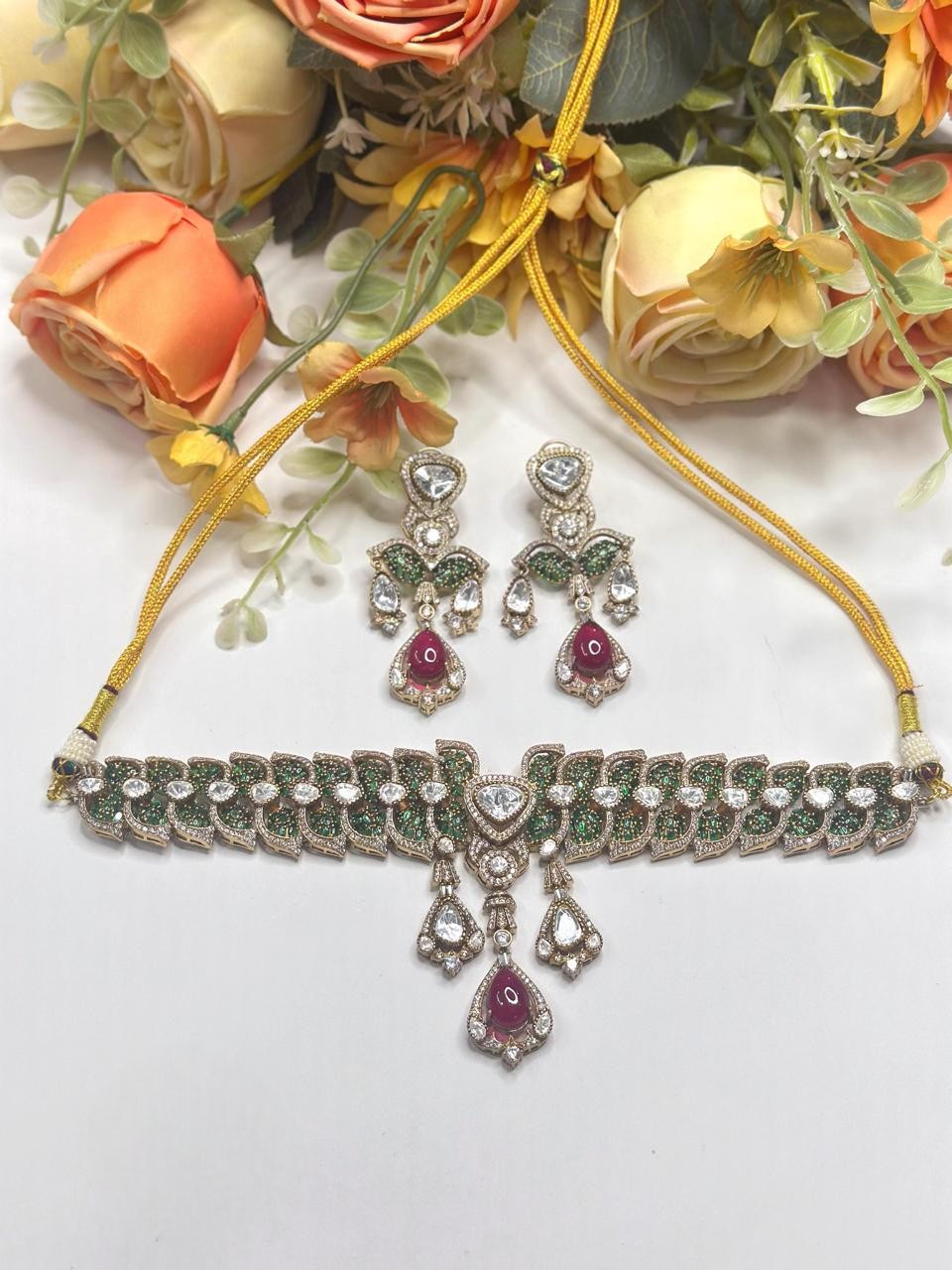 Bridal Choker Necklace Set with Earrings – AD Kundan Stone Indian Necklace Set