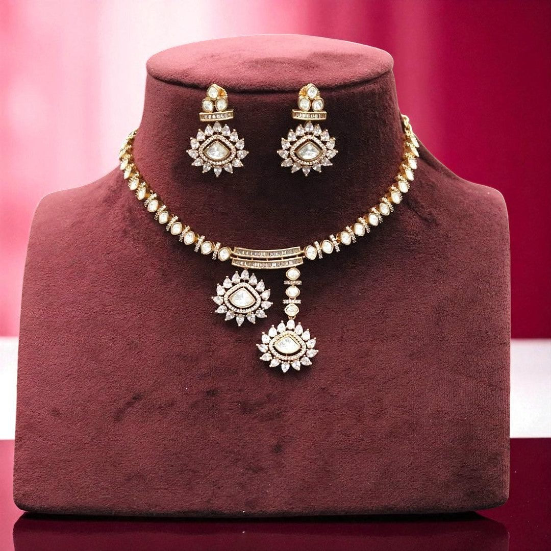 Elegant Gold Plated AD Stone Necklace & Earring Set Classic Bridal Jewelry Design
