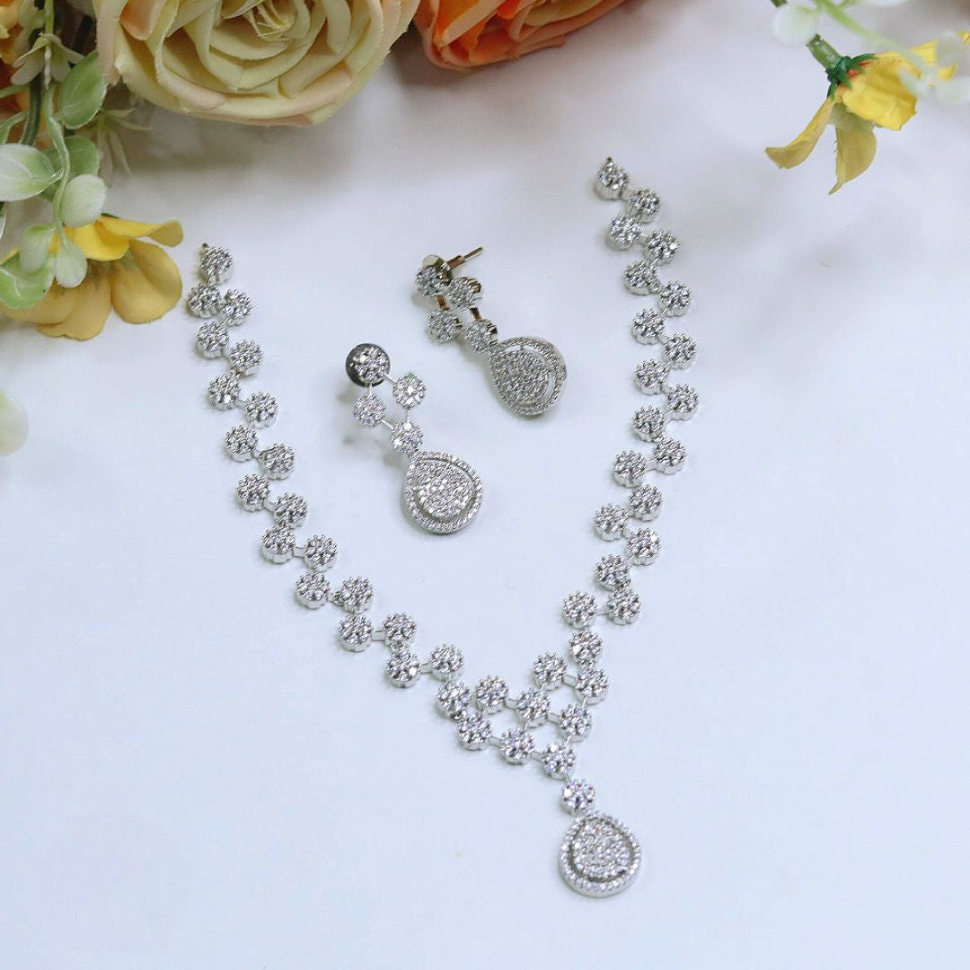 CZ Diamond Necklace Jewellery Set | Elegant Silver-Tone Indian Necklace Set with Matching Earrings | Premium Indian Jewellery