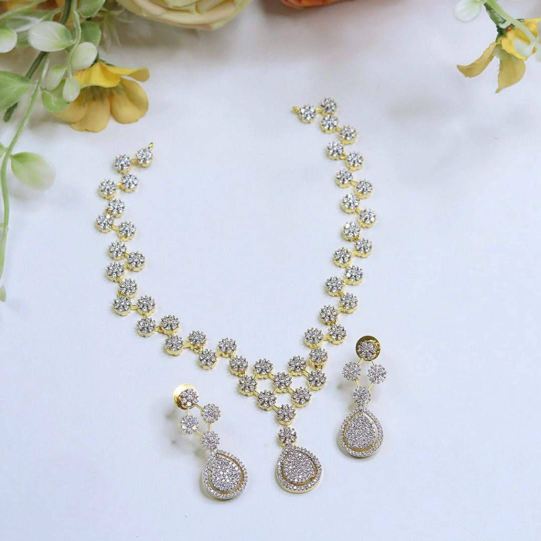 CZ Diamond Necklace Jewellery Set | Elegant Silver-Tone Indian Necklace Set with Matching Earrings | Premium Indian Jewellery