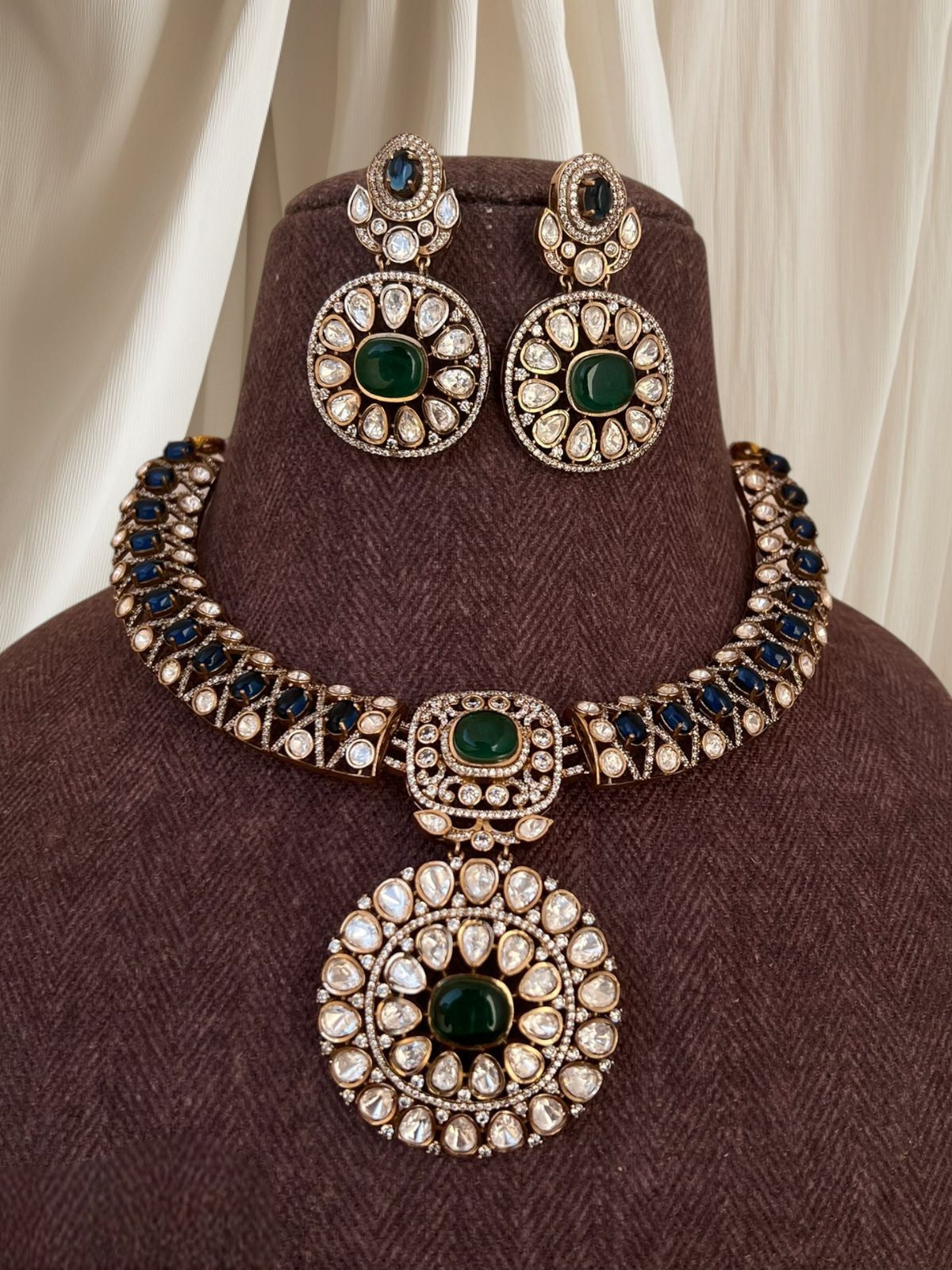 Antique Gold-Finish Polki Necklace Set | Indian Jewellery | Floral Kundan & Stone Choker Necklace Set with Earrings