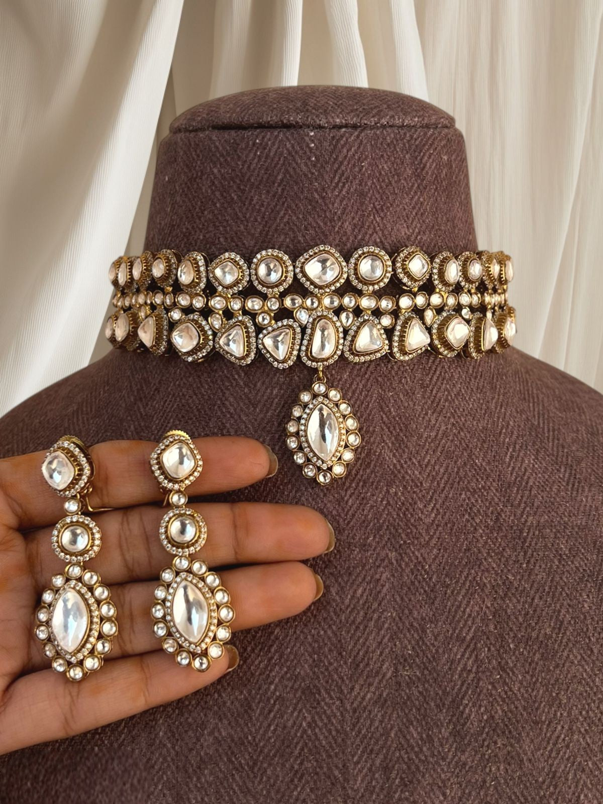 Gold Dual-Row Polki Choker Set | Indian Jewellery | Center Drop Indian Necklace Set with Earrings