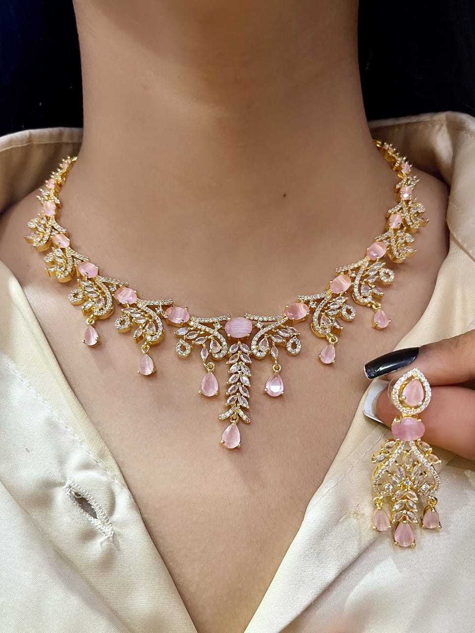 Gold-Plated Bridal Jewellery Set | Indian Jewellery | Stone AD Necklace & Earring Set | Premium Indian Neckles Set for Women