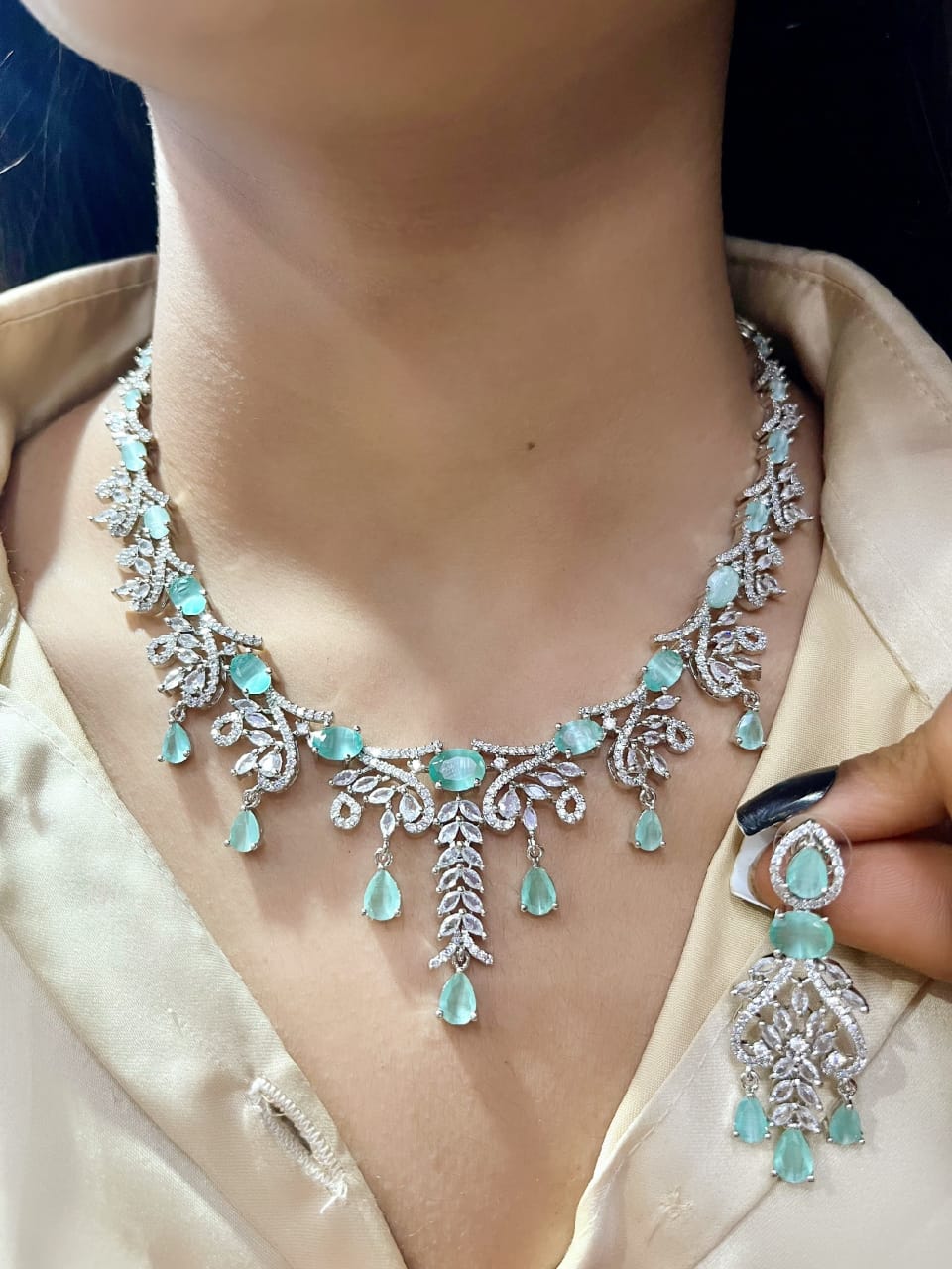 Silver-Plated Bridal Jewellery Set | Indian Jewellery | Stone AD Necklace & Earring Set | Premium Indian Neckles Set for Women