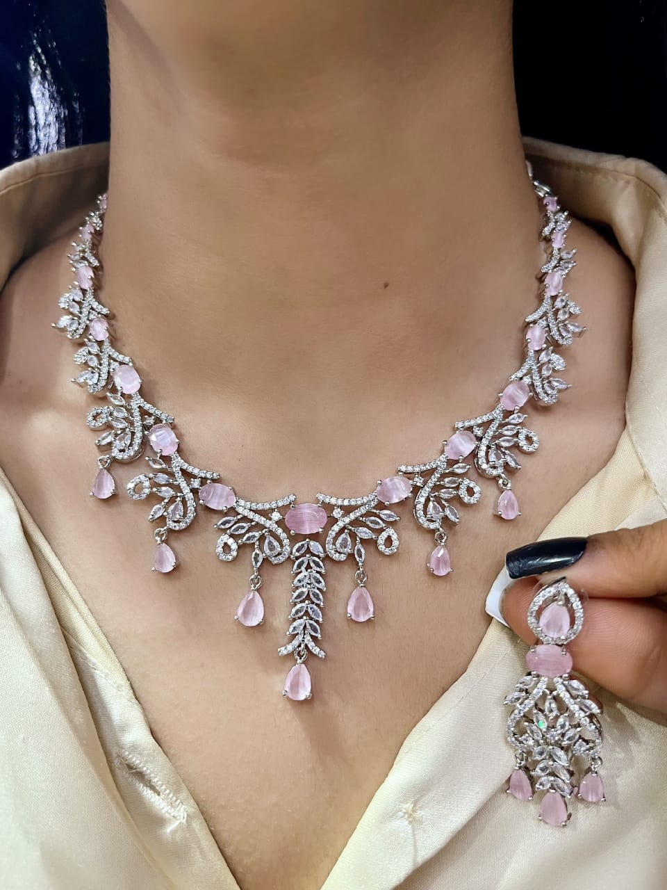Silver-Plated Bridal Jewellery Set | Indian Jewellery | Stone AD Necklace & Earring Set | Premium Indian Neckles Set for Women