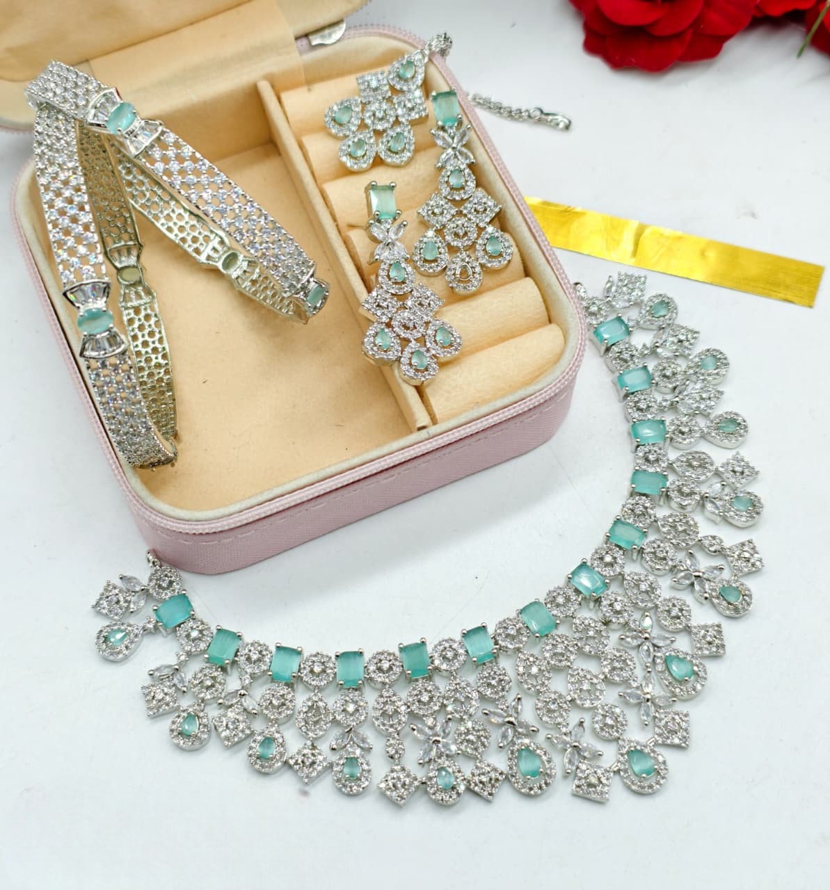 Bridal Premium Silver CZ Jewellery Set | Stone Jewellery Indian Necklace Set with Maang Tikka, Earrings & Kada | Complete Bridal Indian Jewellery Set