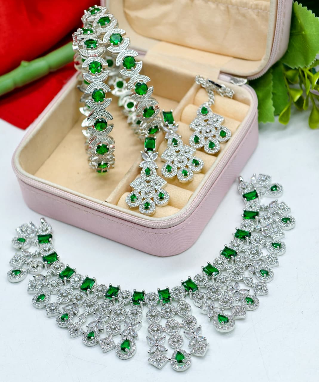 Bridal Premium Silver CZ Jewellery Set | Stone Jewellery Indian Necklace Set with Maang Tikka, Earrings & Kada | Complete Bridal Indian Jewellery Set