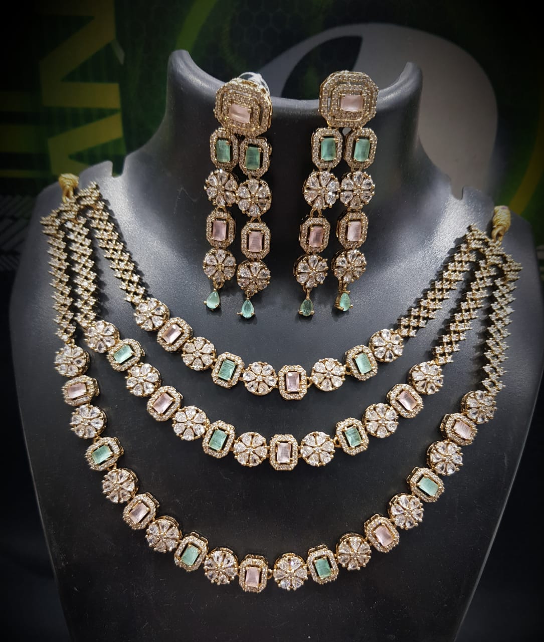 Luxurious 3-Layer American Diamond Necklace Set | Gold-Plated Indian Jewellery | Premium Indian Necklace Set With Matching Earrings