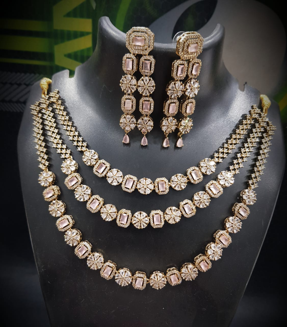 Luxurious 3-Layer American Diamond Necklace Set | Gold-Plated Indian Jewellery | Premium Indian Necklace Set With Matching Earrings