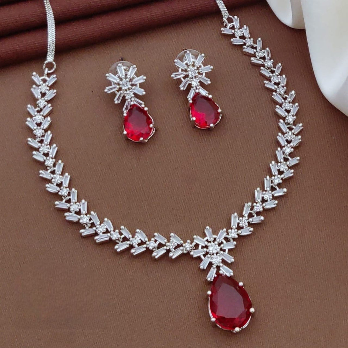 Silver CZ Necklace Set with Pink Teardrop Stones | Silver-Plated Indian Jewellery | Elegant Indian Necklace Set With Matching Earrings