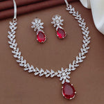 Silver CZ Necklace Set with Pink Teardrop Stones | Silver-Plated Indian Jewellery | Elegant Indian Necklace Set With Matching Earrings