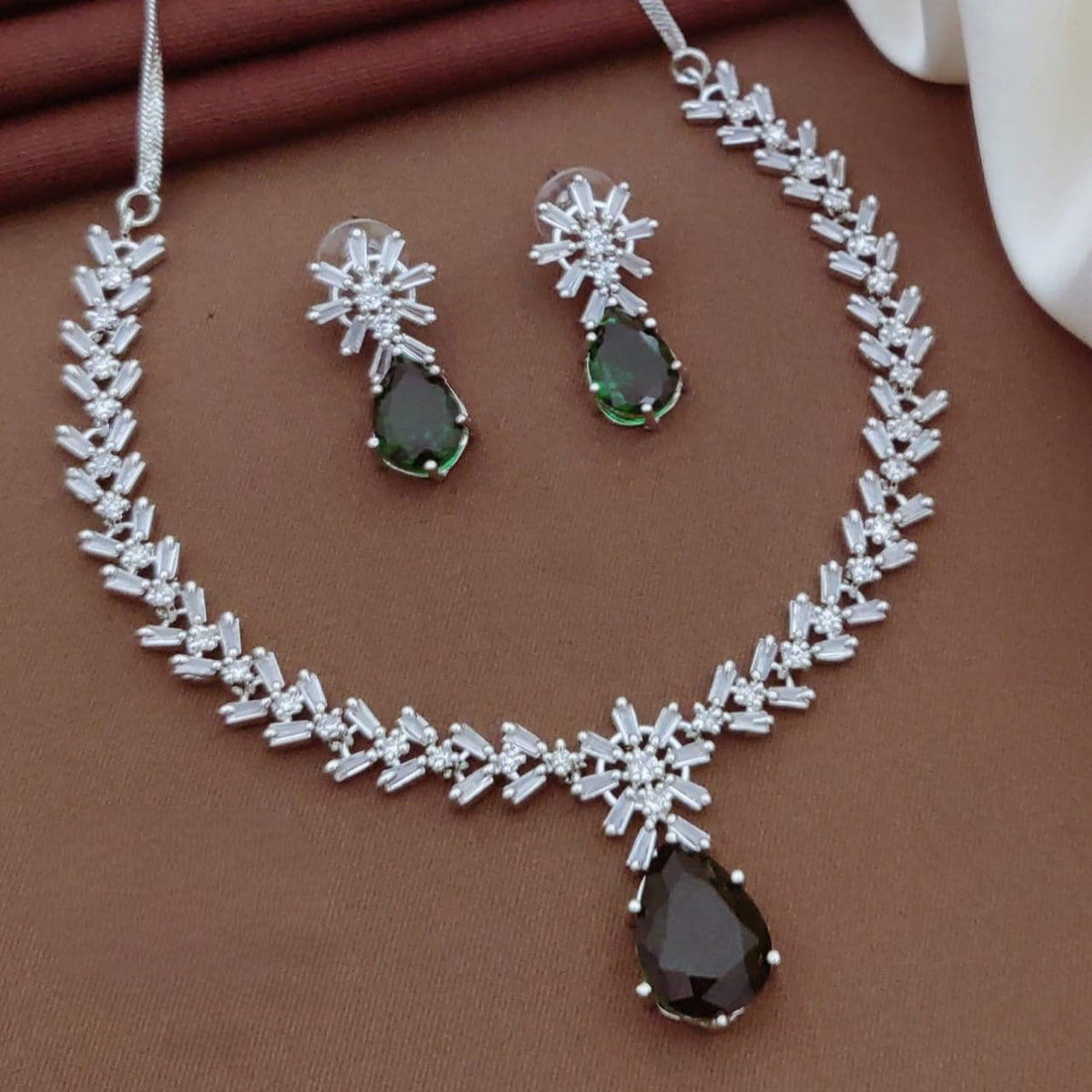 Silver CZ Necklace Set with Pink Teardrop Stones | Silver-Plated Indian Jewellery | Elegant Indian Necklace Set With Matching Earrings
