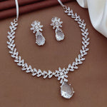 Silver CZ Necklace Set with Pink Teardrop Stones | Silver-Plated Indian Jewellery | Elegant Indian Necklace Set With Matching Earrings