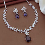 Silver CZ Necklace Set with Pink Teardrop Stones | Silver-Plated Indian Jewellery | Elegant Indian Necklace Set With Matching Earrings
