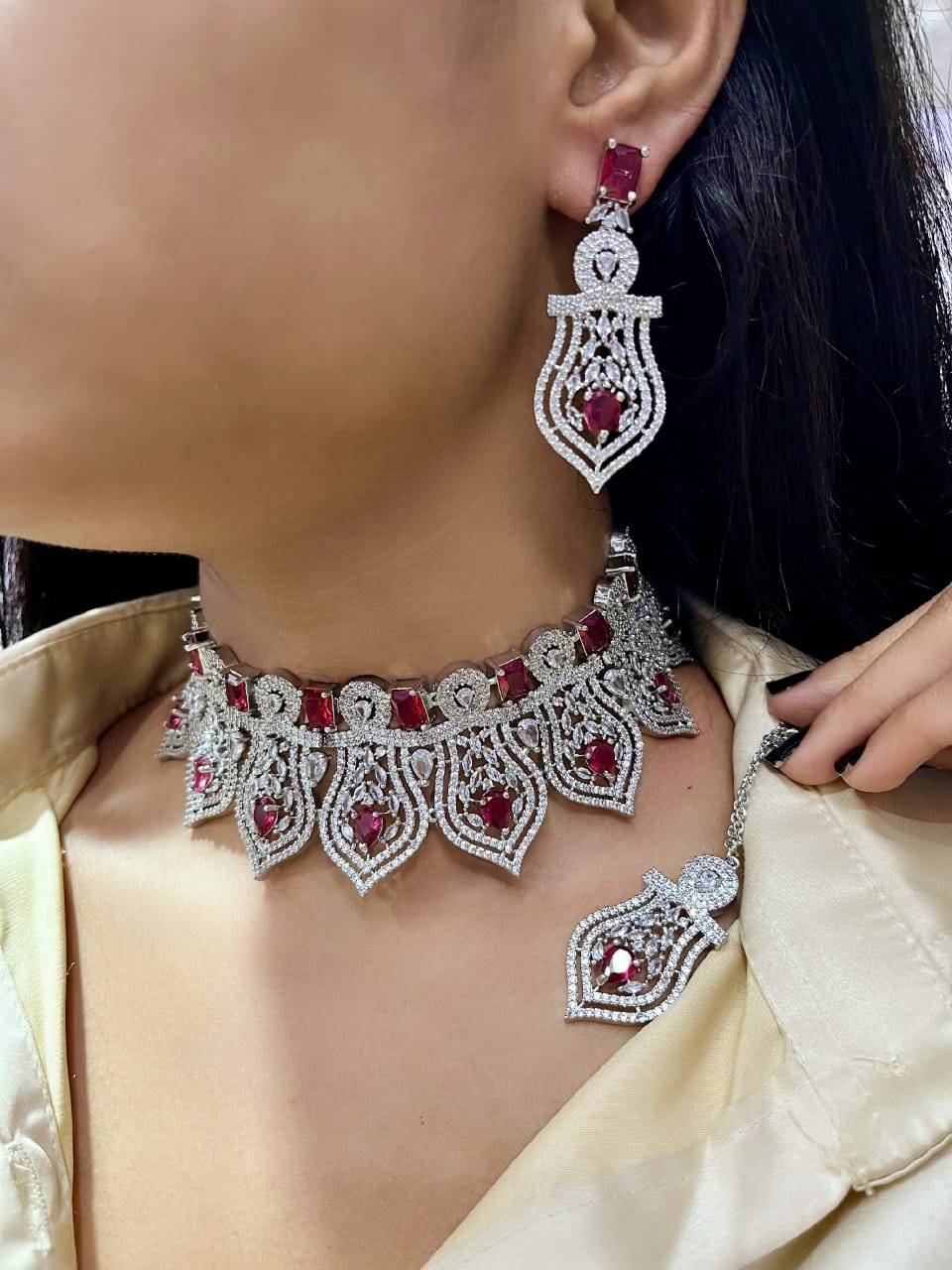 Premium Silver-Plated Turquoise Stone Bridal Choker Set with Necklace, Earrings & Maangtika | Indian Jewellery | Stone Jewellery | Indian Necklace Set