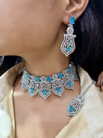 Premium Silver-Plated Turquoise Stone Bridal Choker Set with Necklace, Earrings & Maangtika | Indian Jewellery | Stone Jewellery | Indian Necklace Set