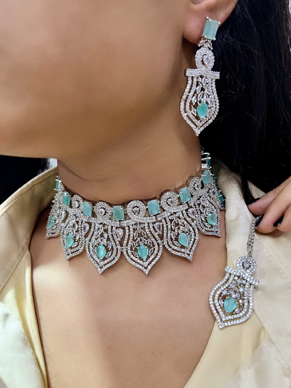 Premium Silver-Plated Turquoise Stone Bridal Choker Set with Necklace, Earrings & Maangtika | Indian Jewellery | Stone Jewellery | Indian Necklace Set