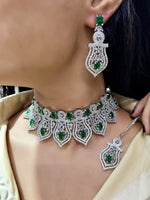 Premium Silver-Plated Turquoise Stone Bridal Choker Set with Necklace, Earrings & Maangtika | Indian Jewellery | Stone Jewellery | Indian Necklace Set