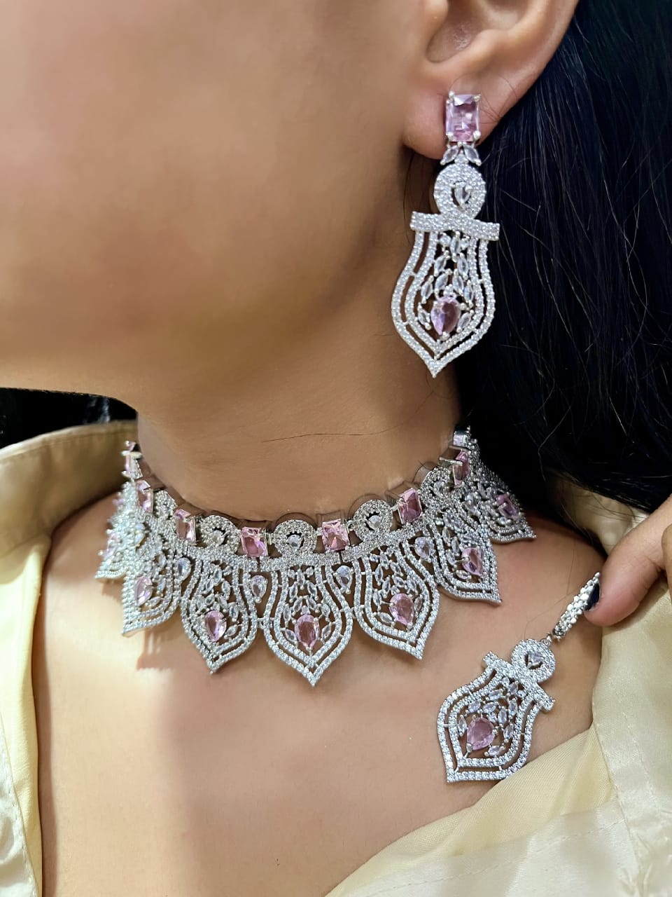 Premium Silver-Plated Turquoise Stone Bridal Choker Set with Necklace, Earrings & Maangtika | Indian Jewellery | Stone Jewellery | Indian Necklace Set