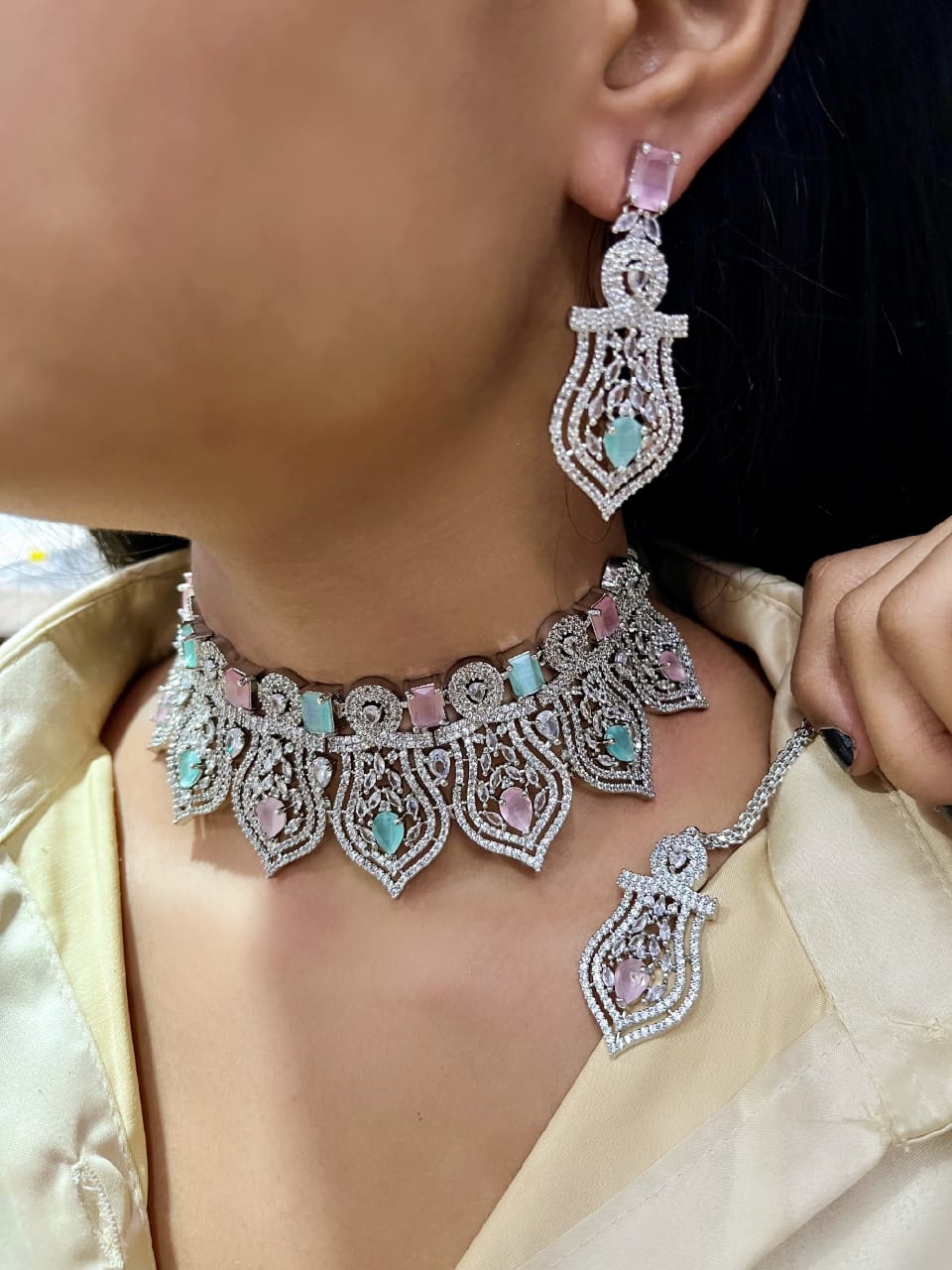 Premium Silver-Plated Turquoise Stone Bridal Choker Set with Necklace, Earrings & Maangtika | Indian Jewellery | Stone Jewellery | Indian Necklace Set
