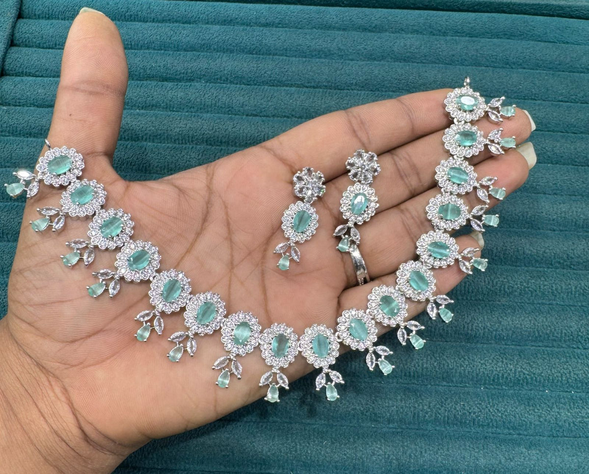Premium Stone Silver-Plated Necklace Set with Matching Earrings | Indian Jewellery | Stone Jewellery | Indian Necklace Set