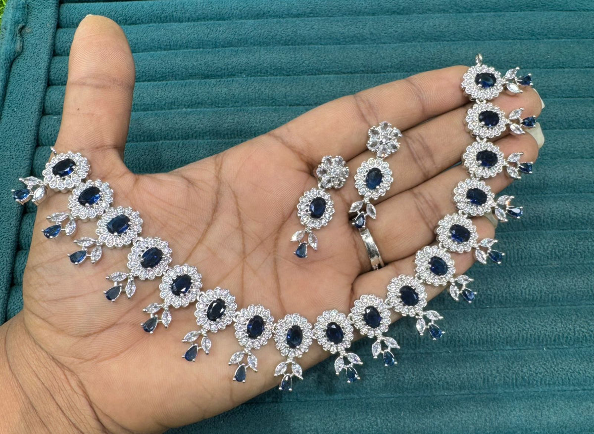 Premium Stone Silver-Plated Necklace Set with Matching Earrings | Indian Jewellery | Stone Jewellery | Indian Necklace Set