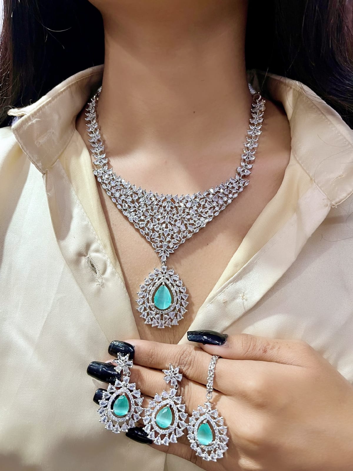 Stone Silver-Plated Bridal Necklace Set with Necklace, Earrings & Maangtika | Indian Jewellery | Stone Jewellery | Indian Necklace Set
