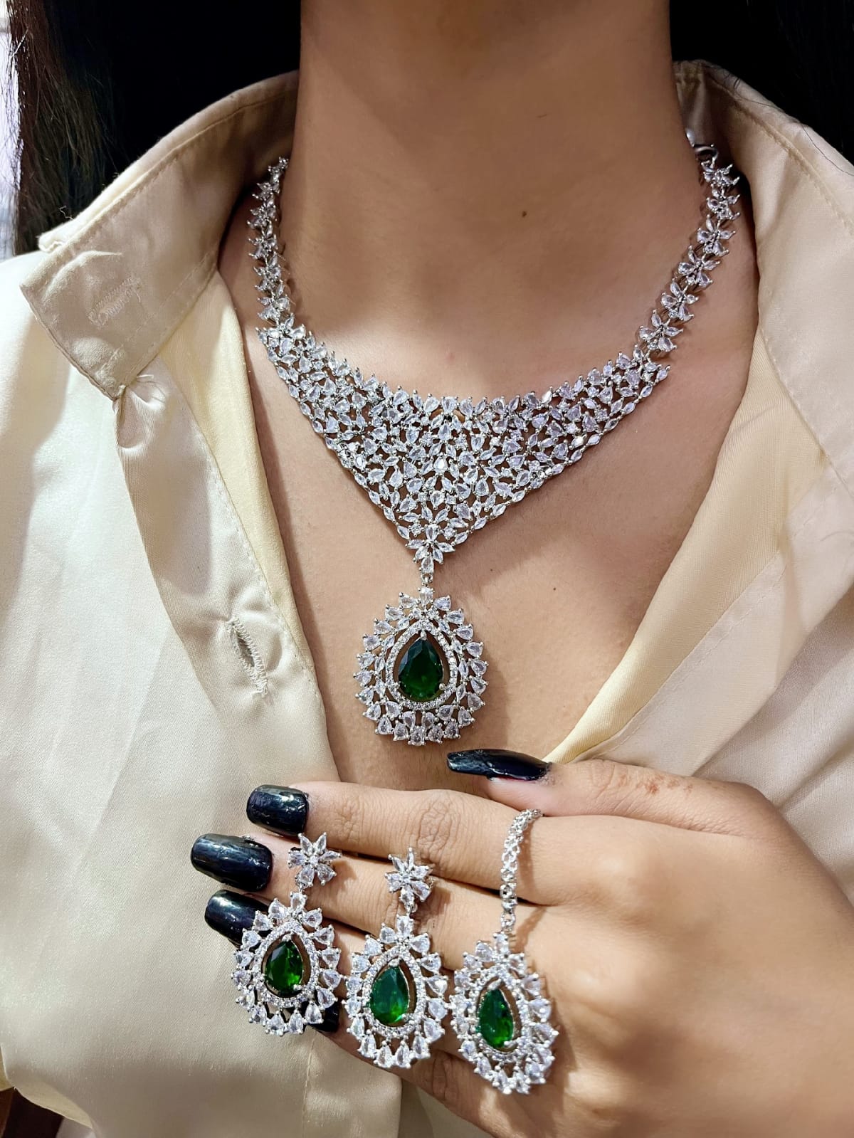 Stone Silver-Plated Bridal Necklace Set with Necklace, Earrings & Maangtika | Indian Jewellery | Stone Jewellery | Indian Necklace Set