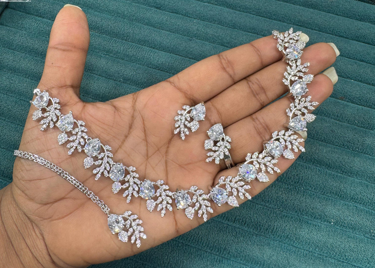 Multicolor Silver Stone Diamond Necklace Set with Matching Earrings & Maangtika | Premium Indian Jewellery | Silver Diamond Jewellery | Indian Necklace Set