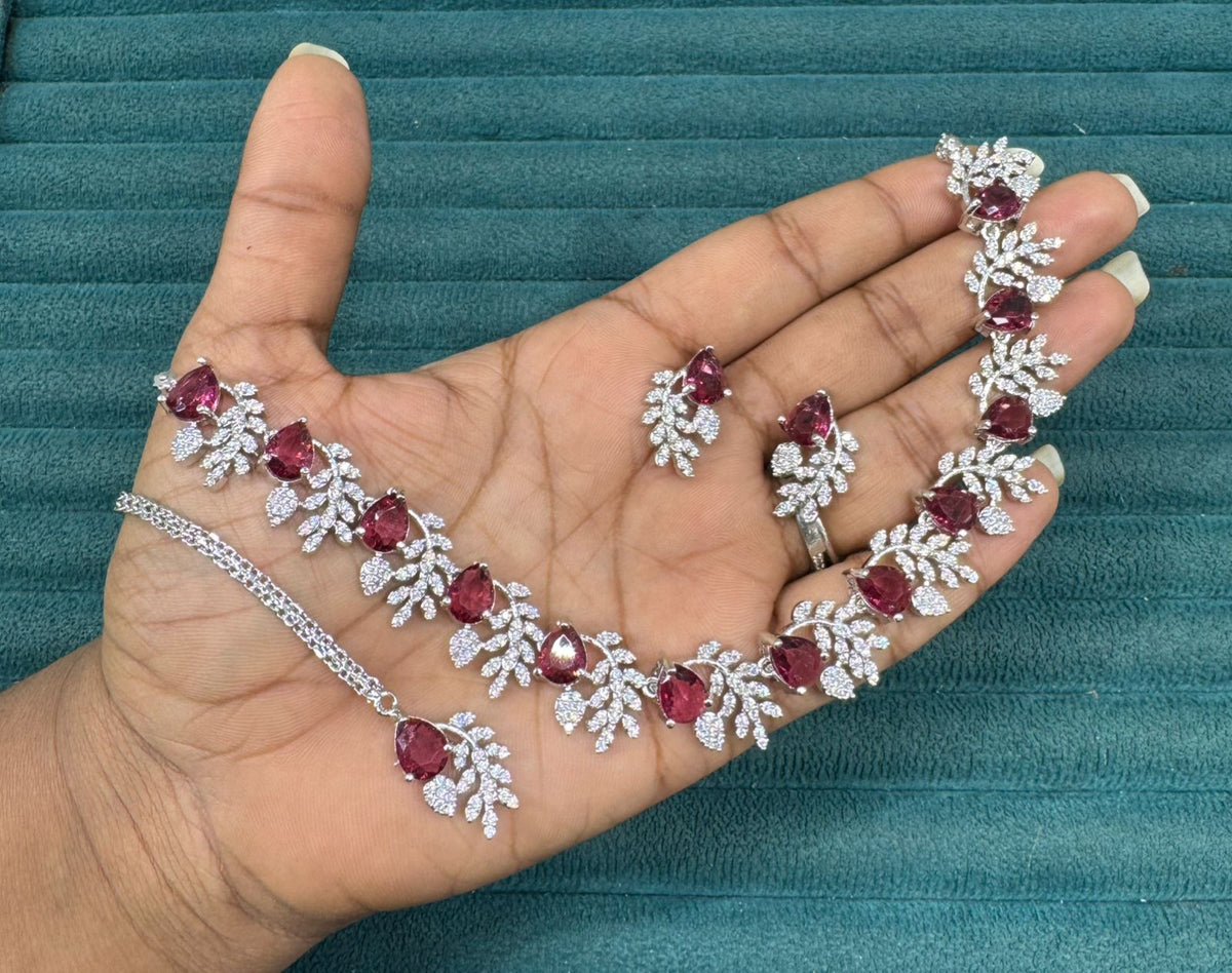 Multicolor Silver Stone Diamond Necklace Set with Matching Earrings & Maangtika | Premium Indian Jewellery | Silver Diamond Jewellery | Indian Necklace Set