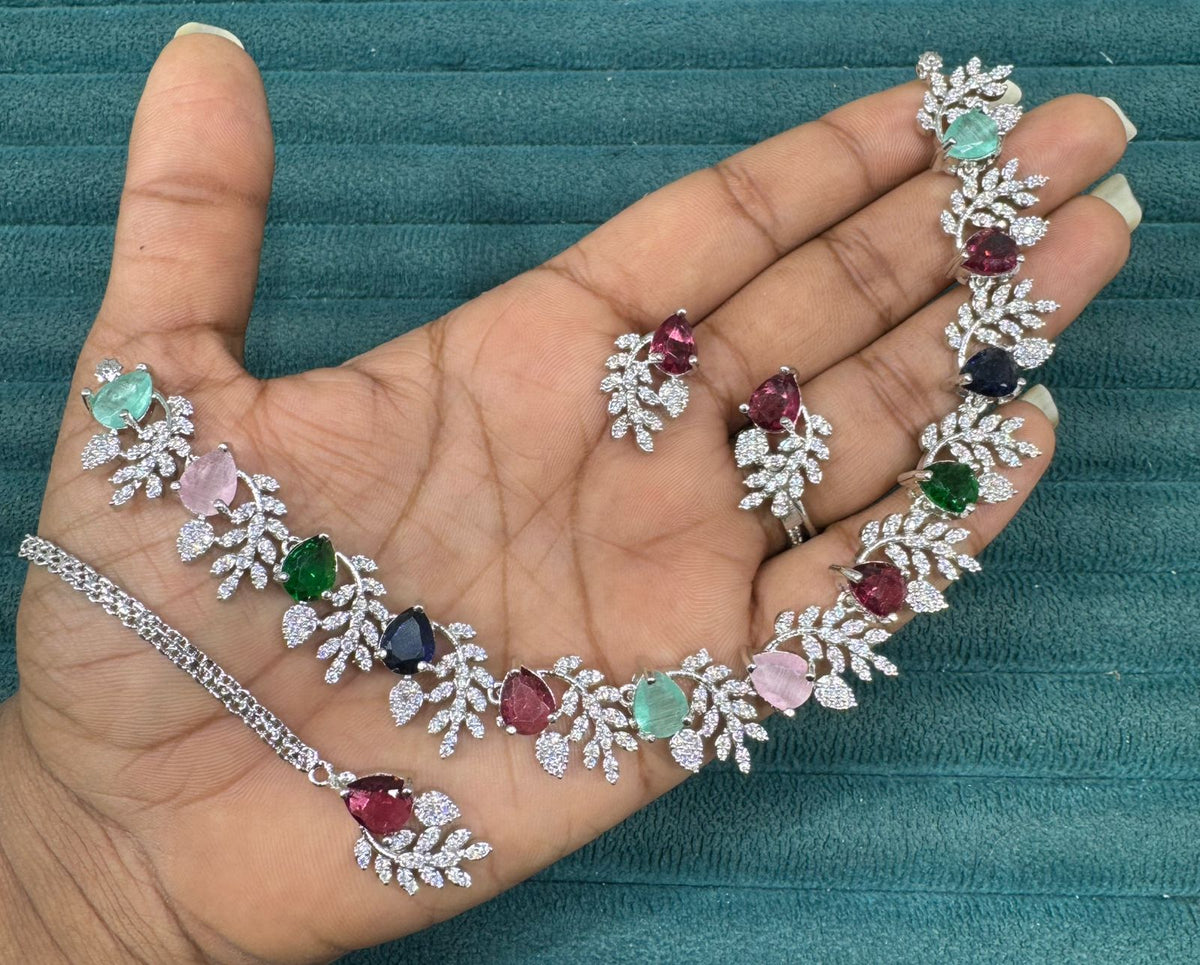 Multicolor Silver Stone Diamond Necklace Set with Matching Earrings & Maangtika | Premium Indian Jewellery | Silver Diamond Jewellery | Indian Necklace Set