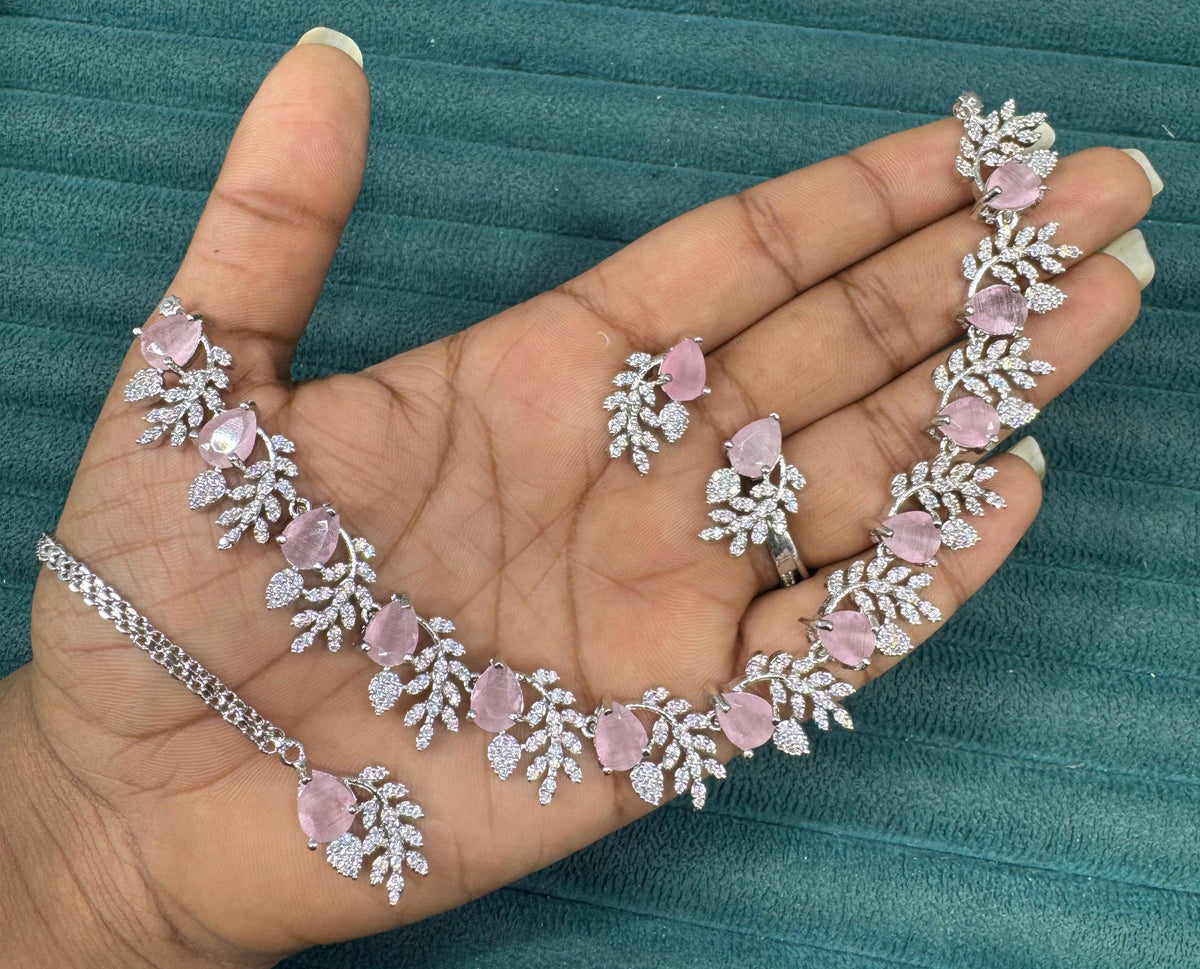 Multicolor Silver Stone Diamond Necklace Set with Matching Earrings & Maangtika | Premium Indian Jewellery | Silver Diamond Jewellery | Indian Necklace Set