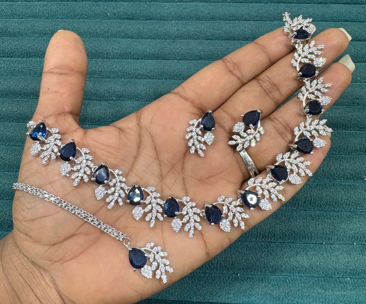 Multicolor Silver Stone Diamond Necklace Set with Matching Earrings & Maangtika | Premium Indian Jewellery | Silver Diamond Jewellery | Indian Necklace Set