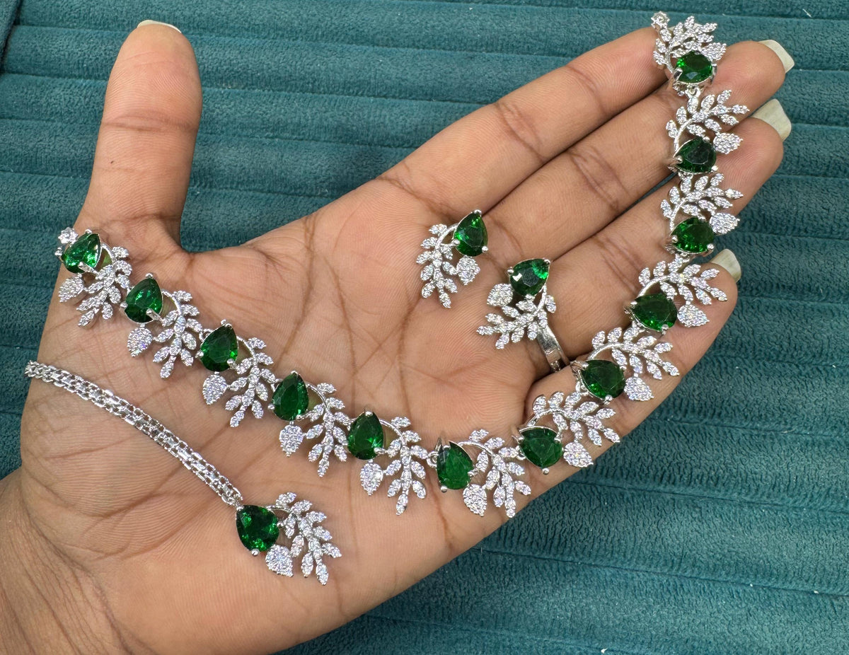 Multicolor Silver Stone Diamond Necklace Set with Matching Earrings & Maangtika | Premium Indian Jewellery | Silver Diamond Jewellery | Indian Necklace Set