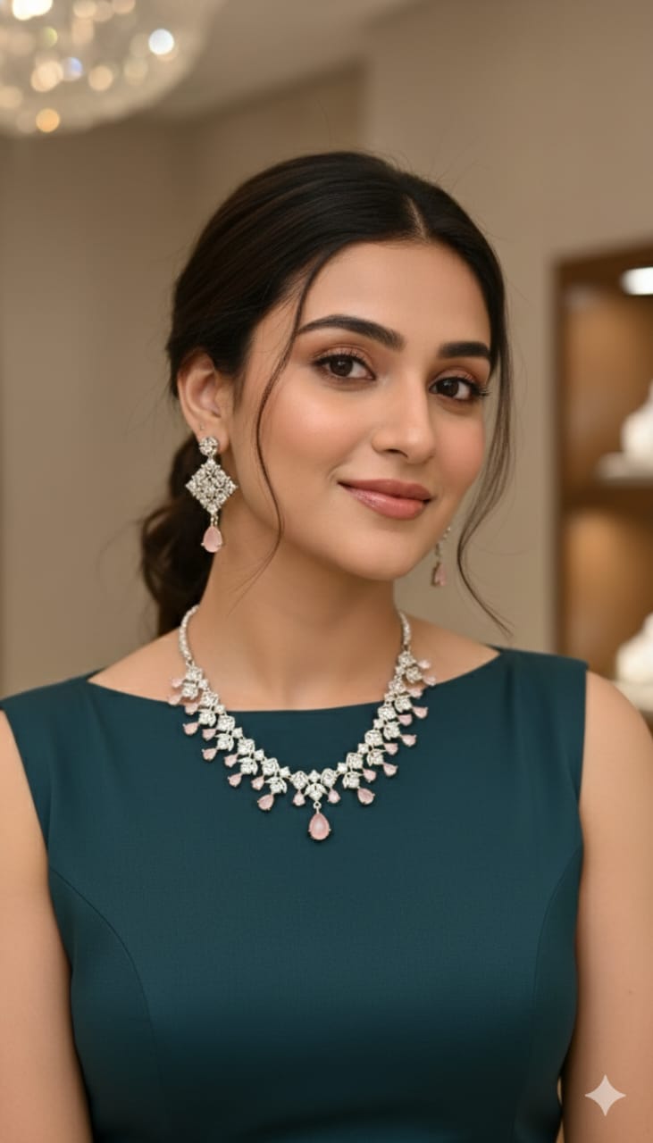 Premium Silver & Pink Stone Necklace Set with Matching Earrings | Indian Jewellery | Stone Jewellery | Indian Neckles Set for Women