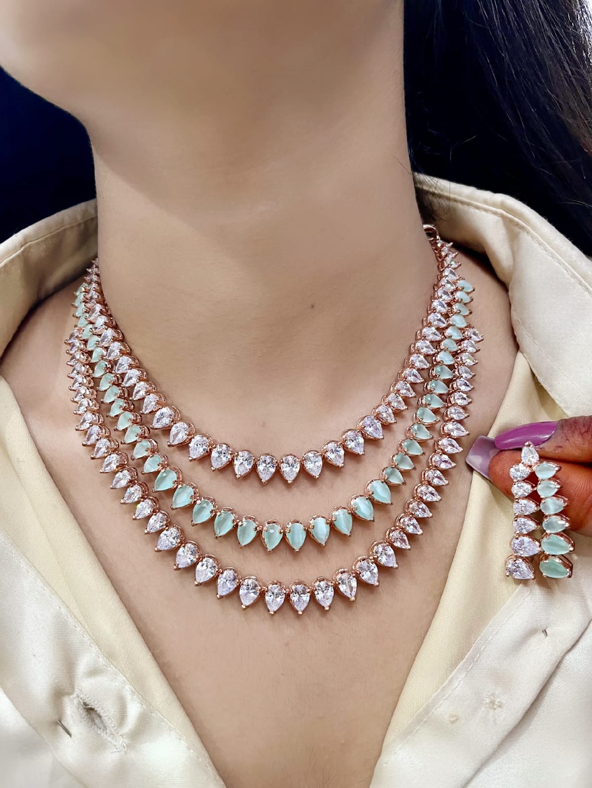 Premium Silver & Pink Stone Necklace Set with Matching Earrings | Sparkling Stone Jewellery | Indian Jewellery | Elegant Indian Neckles Set for Women