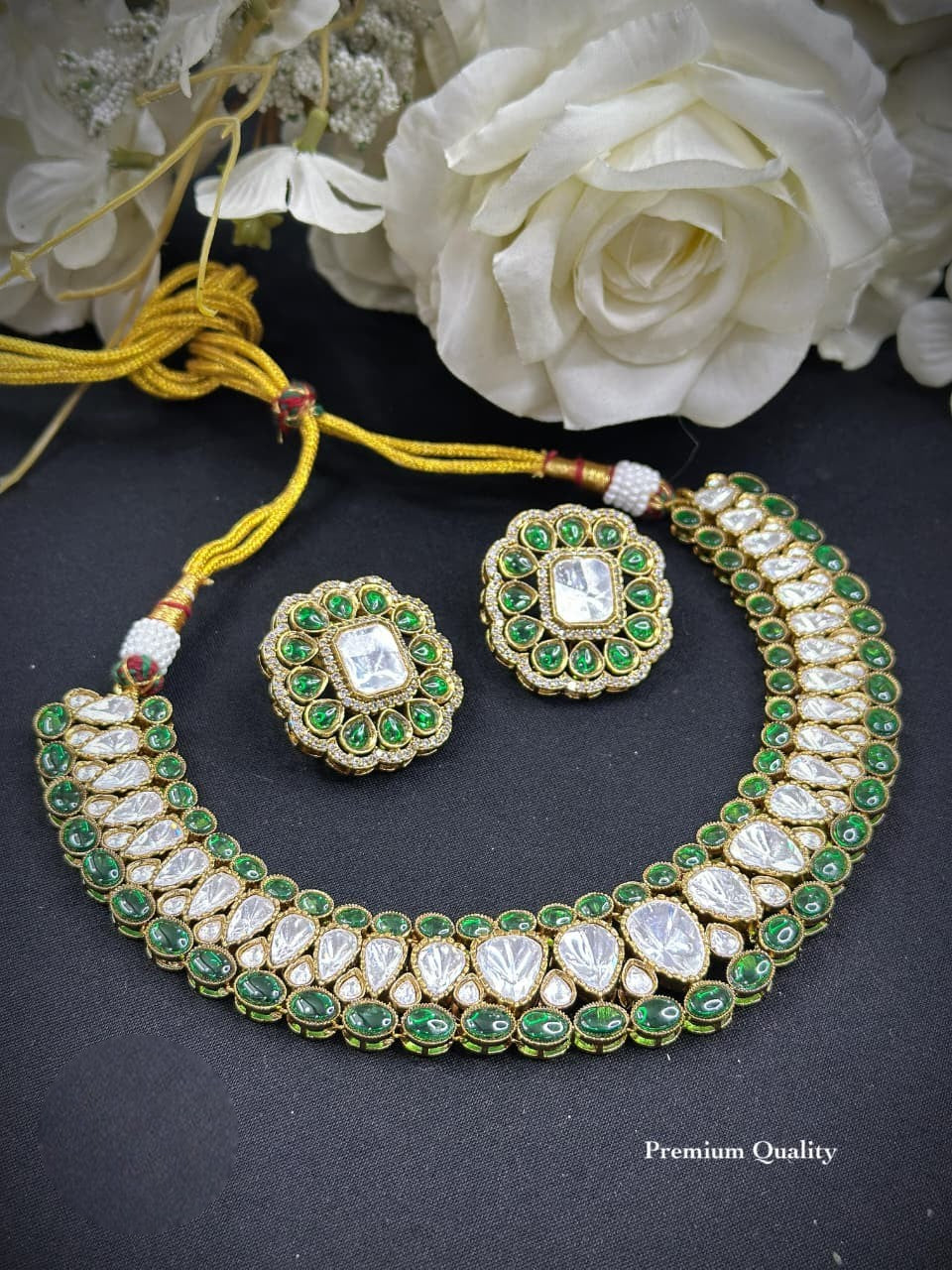Premium Green & White Kundan Choker Necklace Set with Matching Earrings | Rashmika Mandanna Bollywood Actress Inspired Indian Jewellery | Luxury Kundan Jewellery Indian Neckles Set