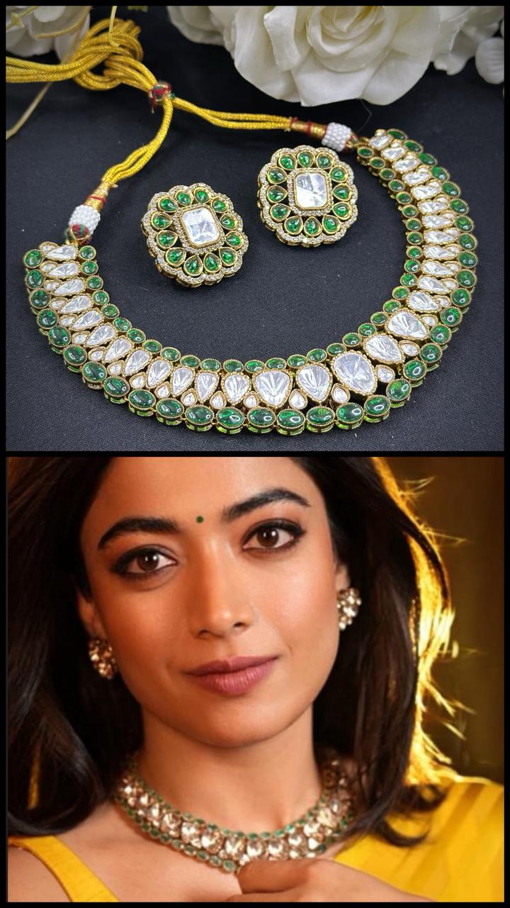 Premium Green & White Kundan Choker Necklace Set with Matching Earrings | Rashmika Mandanna Bollywood Actress Inspired Indian Jewellery | Luxury Kundan Jewellery Indian Neckles Set