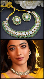 Premium Green & White Kundan Choker Necklace Set with Matching Earrings | Rashmika Mandanna Bollywood Actress Inspired Indian Jewellery | Luxury Kundan Jewellery Indian Neckles Set