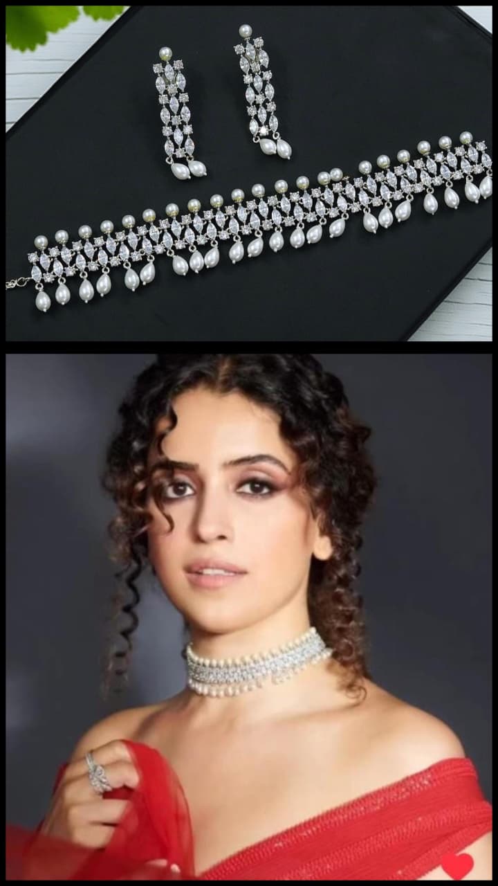Pearl & Diamond-Style Choker Necklace Set with Earrings | Sanya Malhotra Bollywood Actress Inspired | Indian Jewellery Pearl Necklace Set